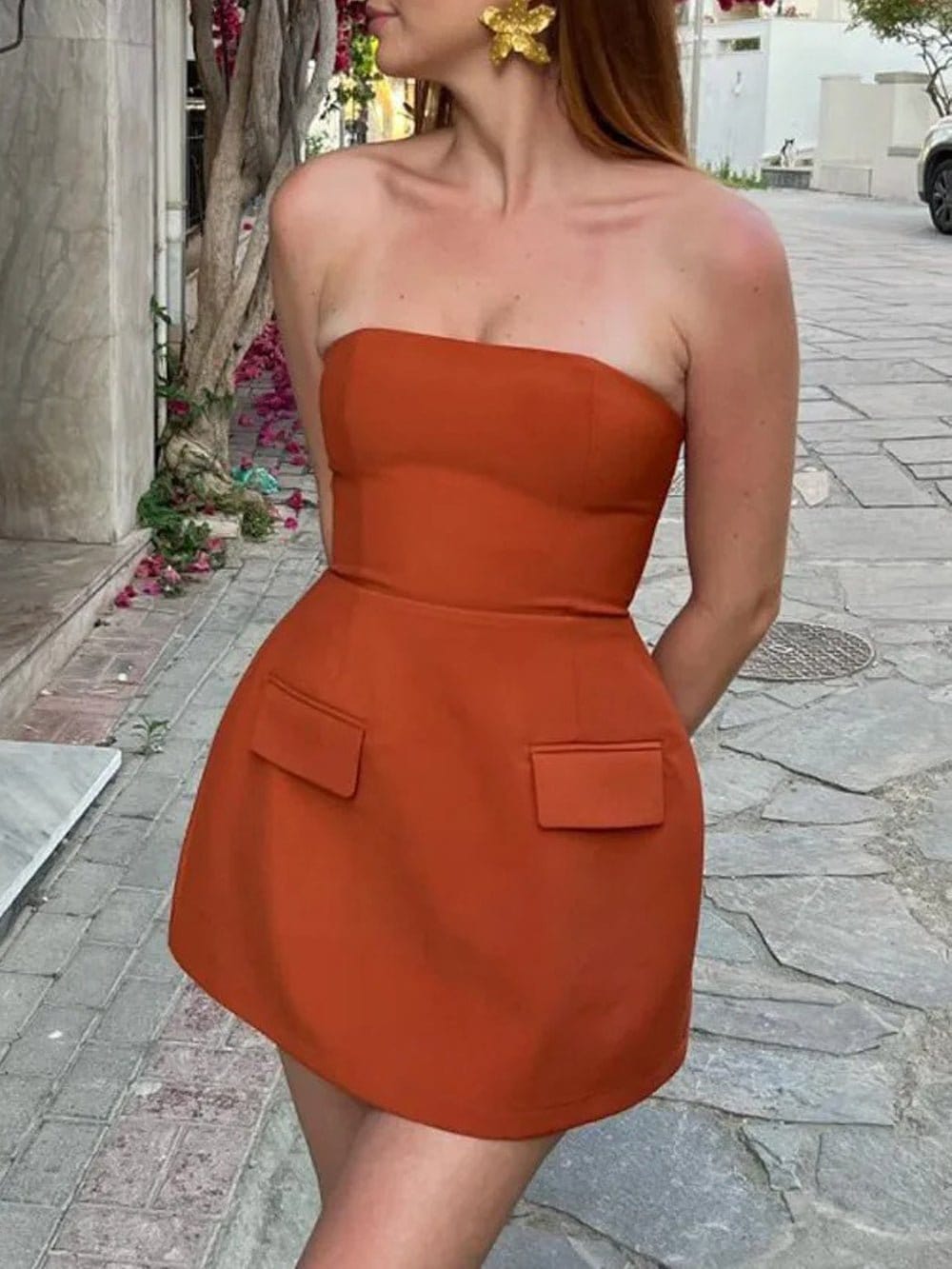 Strapless Princess Seam Flap Pocket Fit and Flare Mini Dress 9