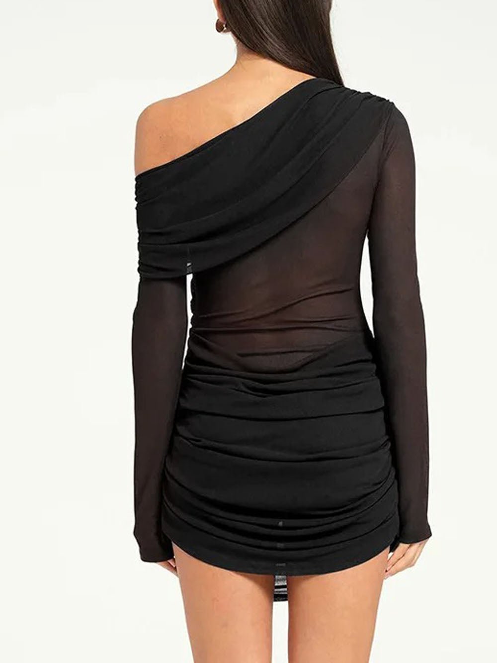 Black One Shoulder Mesh Long Sleeve Ruched Bodycon Mini Dress 2