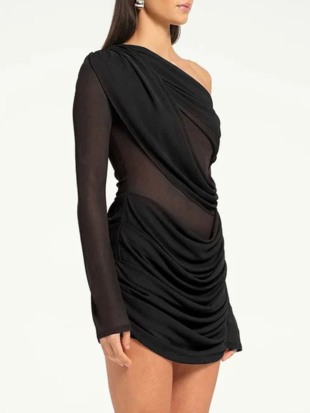 Black One Shoulder Mesh Long Sleeve Ruched Bodycon Mini Dress 3