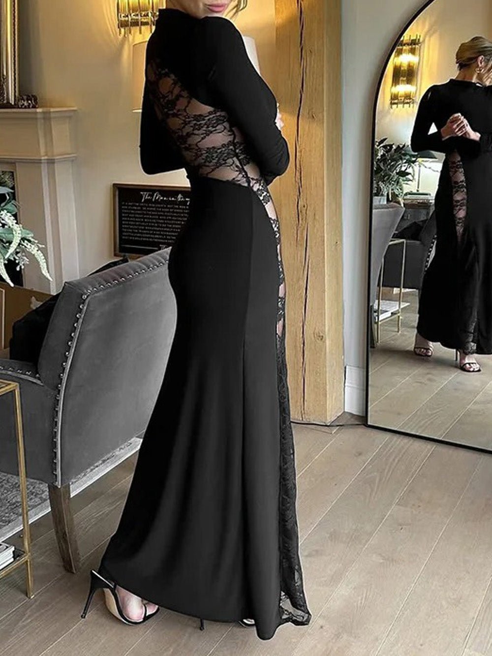 Black Mock Neck Long Sleeve Lace Panel Insert Column Maxi Dress 3