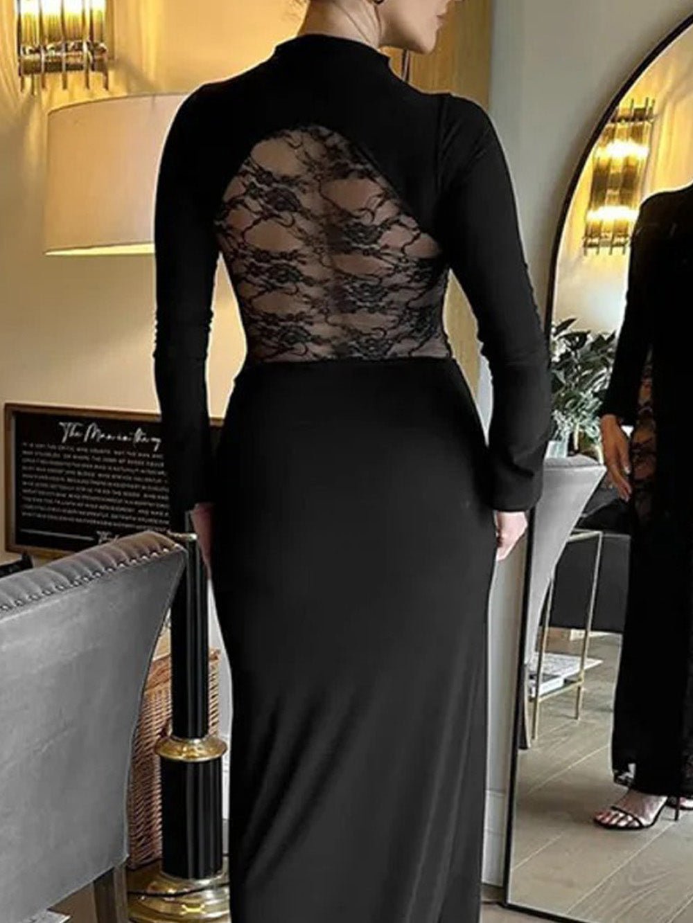 Black Mock Neck Long Sleeve Lace Panel Insert Column Maxi Dress 2