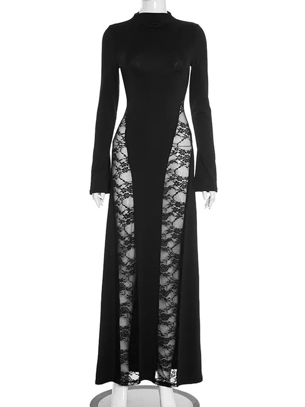 Black Mock Neck Long Sleeve Lace Panel Insert Column Maxi Dress 4