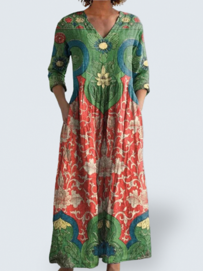 Multicolor V-Neck Vintage Floral Print Three Quarter Sleeve Pocket Maxi Dress