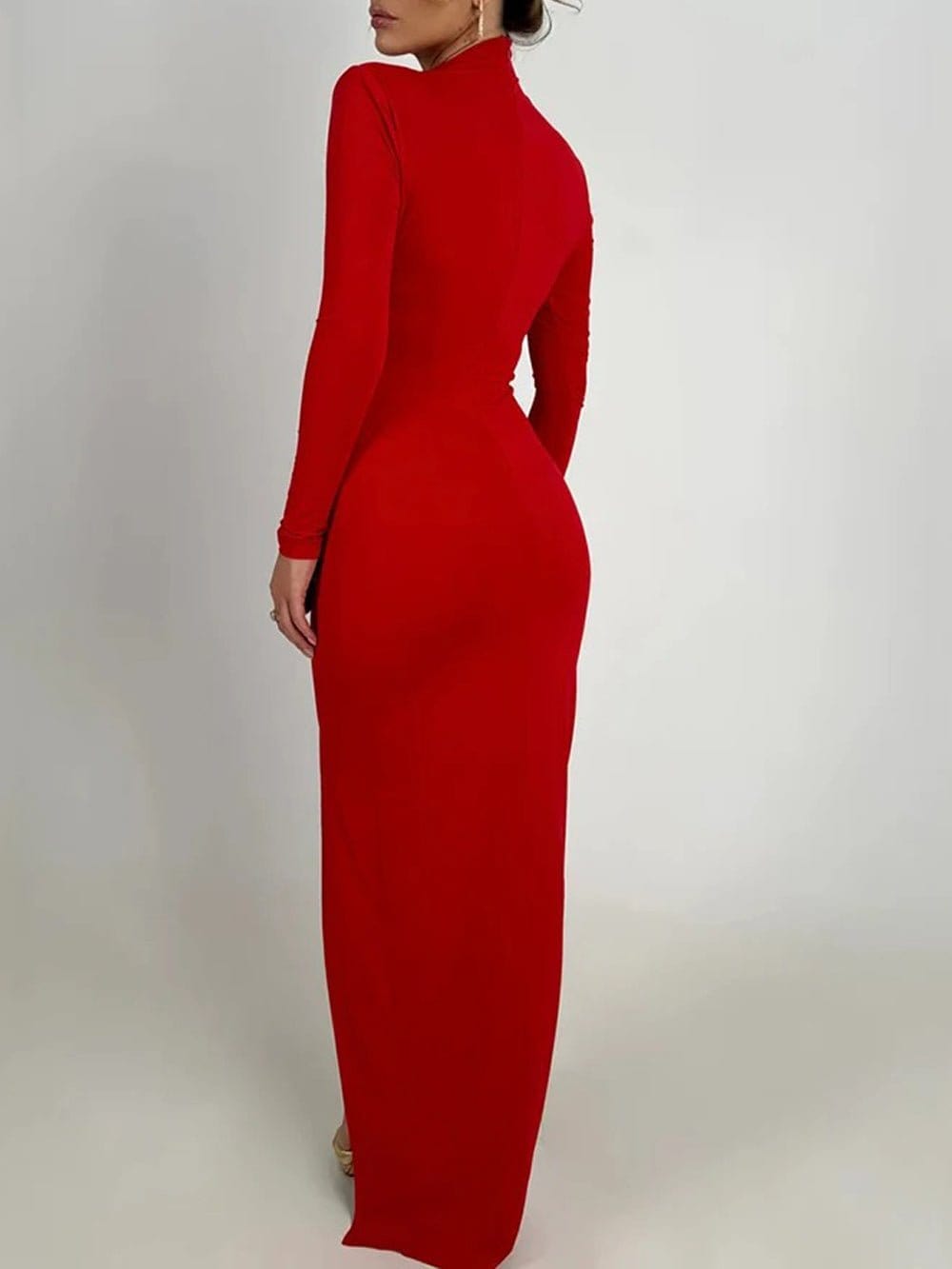 Mock Neck Long Sleeve Mesh Diagonal Cut Out High Split Bodycon Maxi Dress 7
