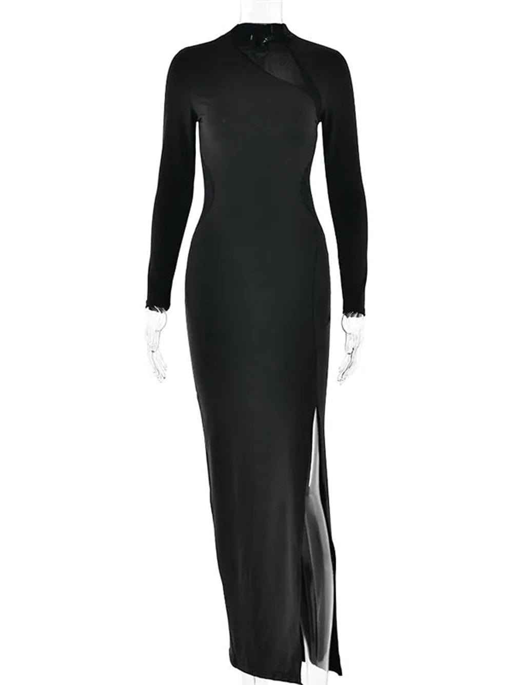 Mock Neck Long Sleeve Mesh Diagonal Cut Out High Split Bodycon Maxi Dress 5