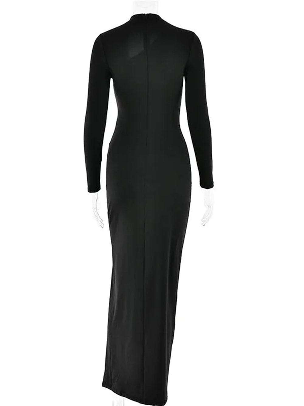 Mock Neck Long Sleeve Mesh Diagonal Cut Out High Split Bodycon Maxi Dress 6