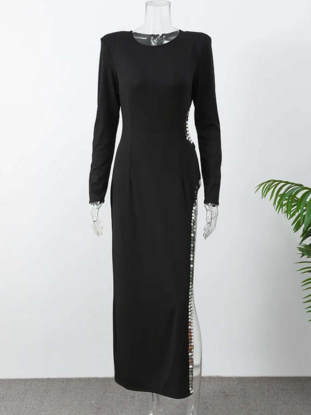 Black Structured Shoulder Long Sleeve Waist Cut Out Rhinestone Trim High Split Maxi Gown 4