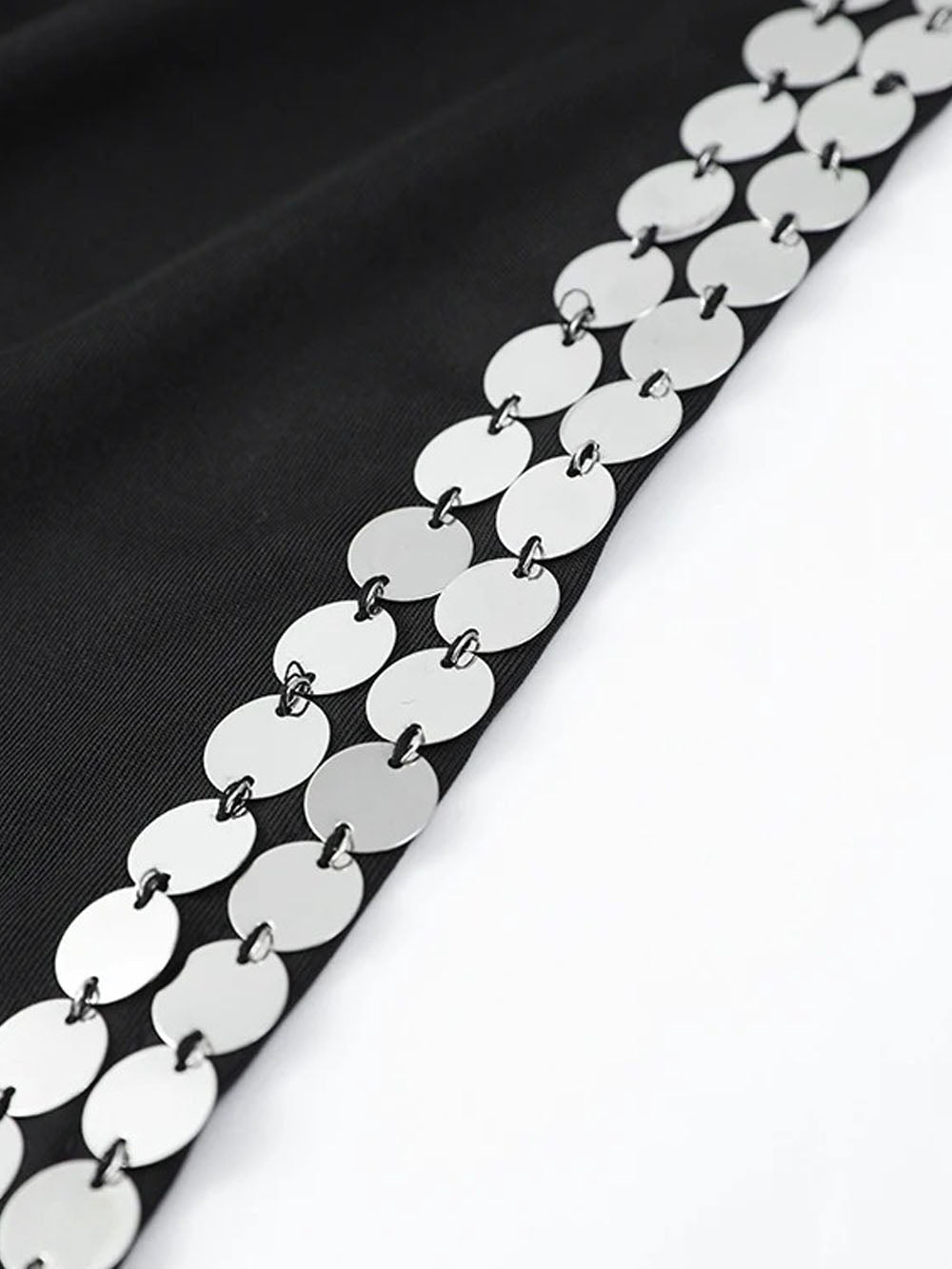 Black Structured Shoulder Long Sleeve Waist Cut Out Rhinestone Trim High Split Maxi Gown 9