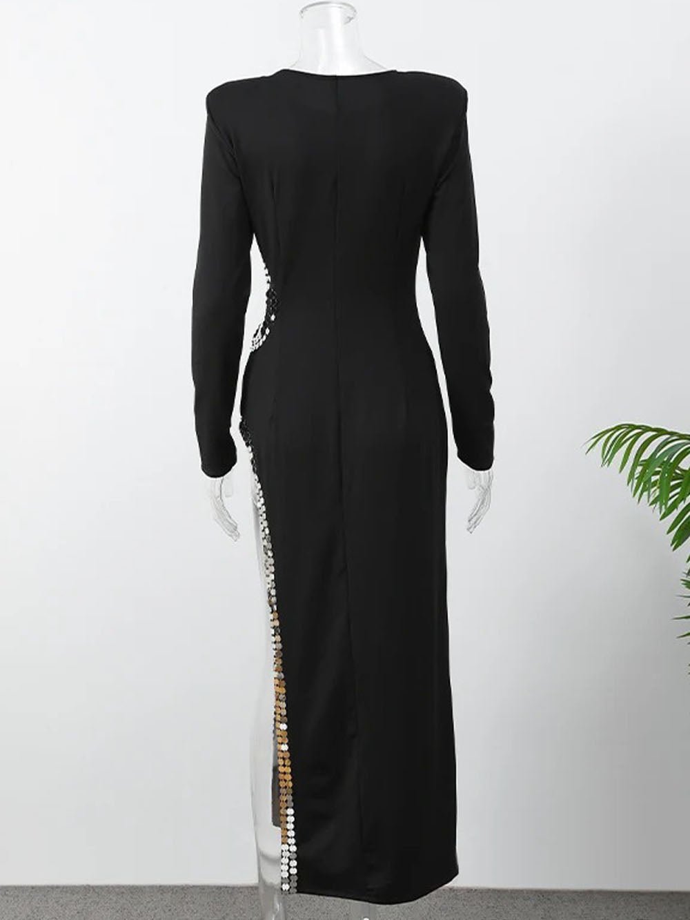 Black Structured Shoulder Long Sleeve Waist Cut Out Rhinestone Trim High Split Maxi Gown 5