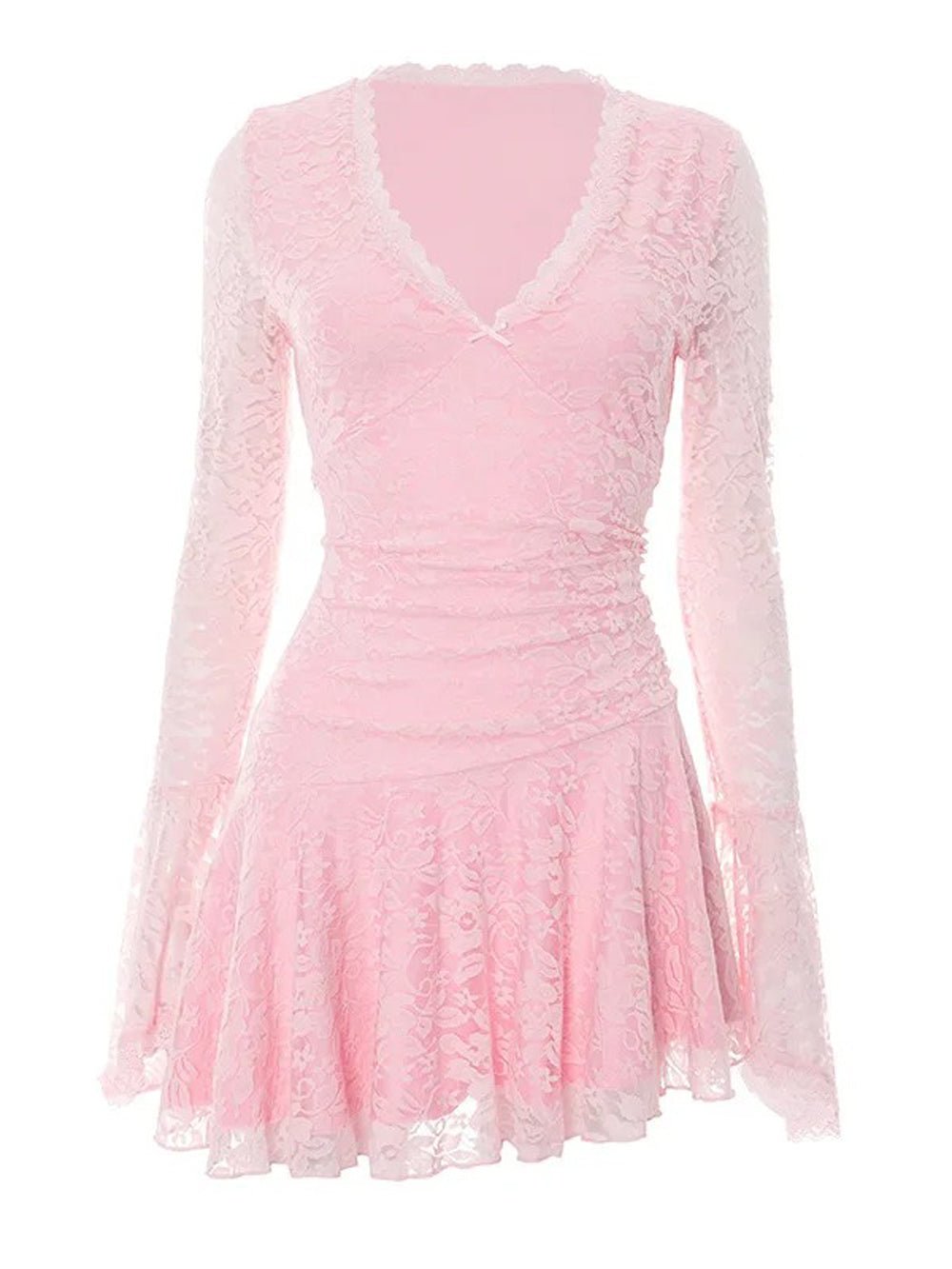 Lace Deep V-Neck Bell Sleeve Ruched Waist Fit and Flare Mini Dress 8