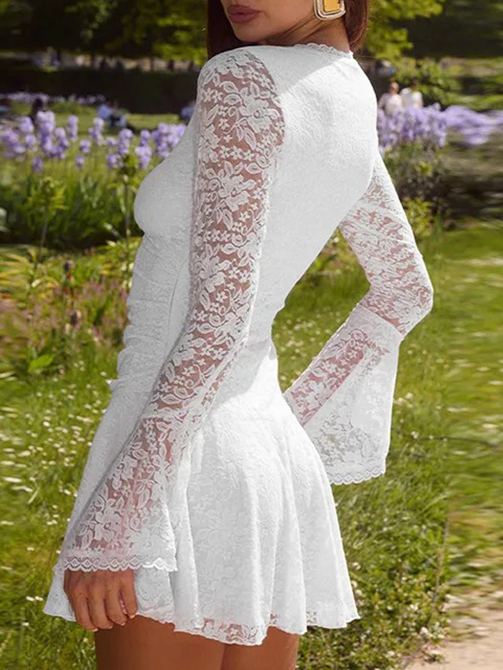 Lace Deep V-Neck Bell Sleeve Ruched Waist Fit and Flare Mini Dress 2