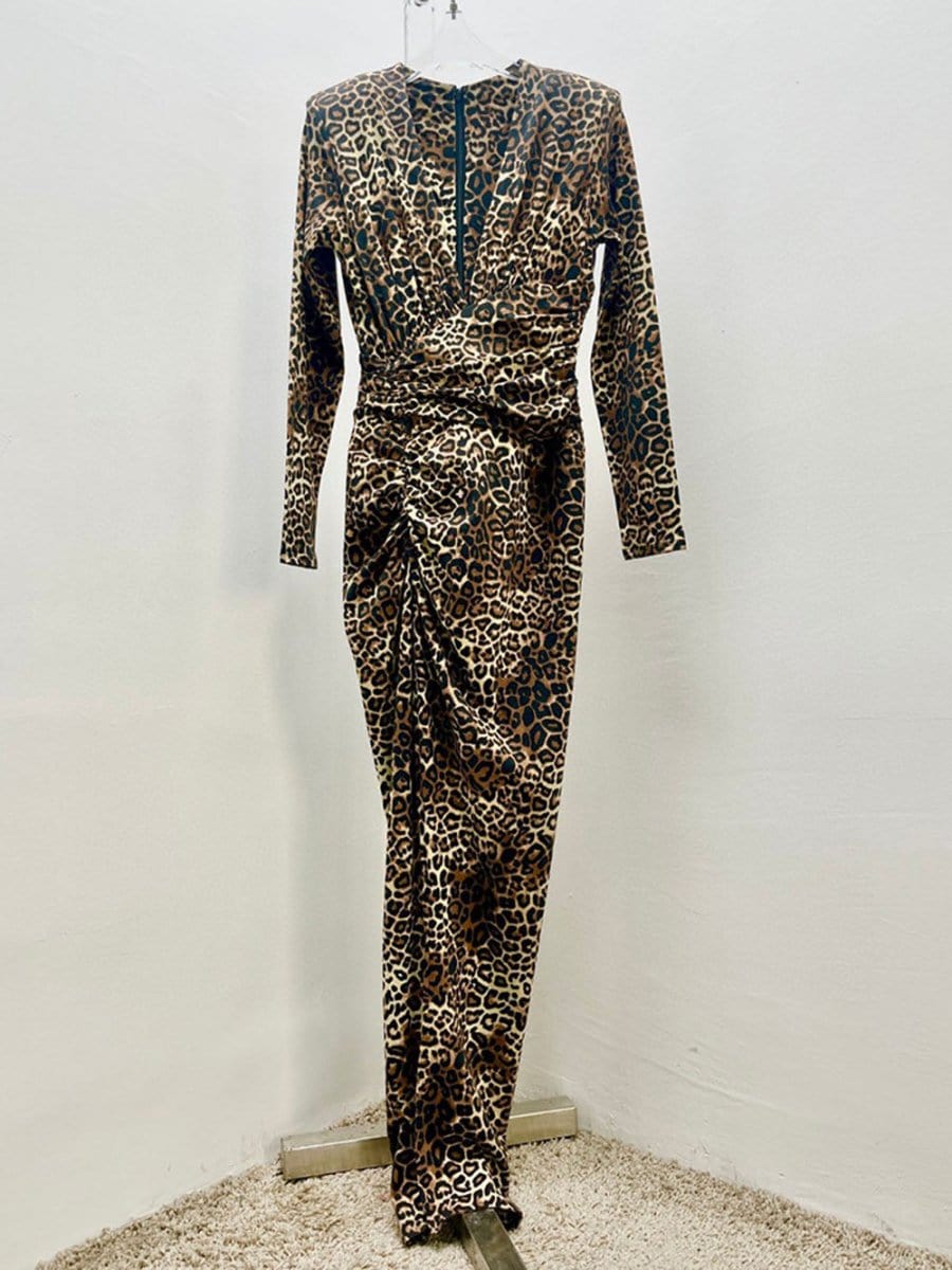 Leopard Print Deep V-Neck Long Sleeve Ruched Wrap Bodycon Maxi Dress 3