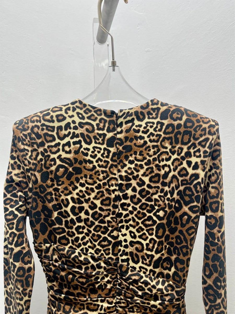 Leopard Print Deep V-Neck Long Sleeve Ruched Wrap Bodycon Maxi Dress 5