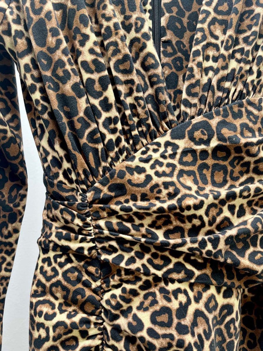 Leopard Print Deep V-Neck Long Sleeve Ruched Wrap Bodycon Maxi Dress 6