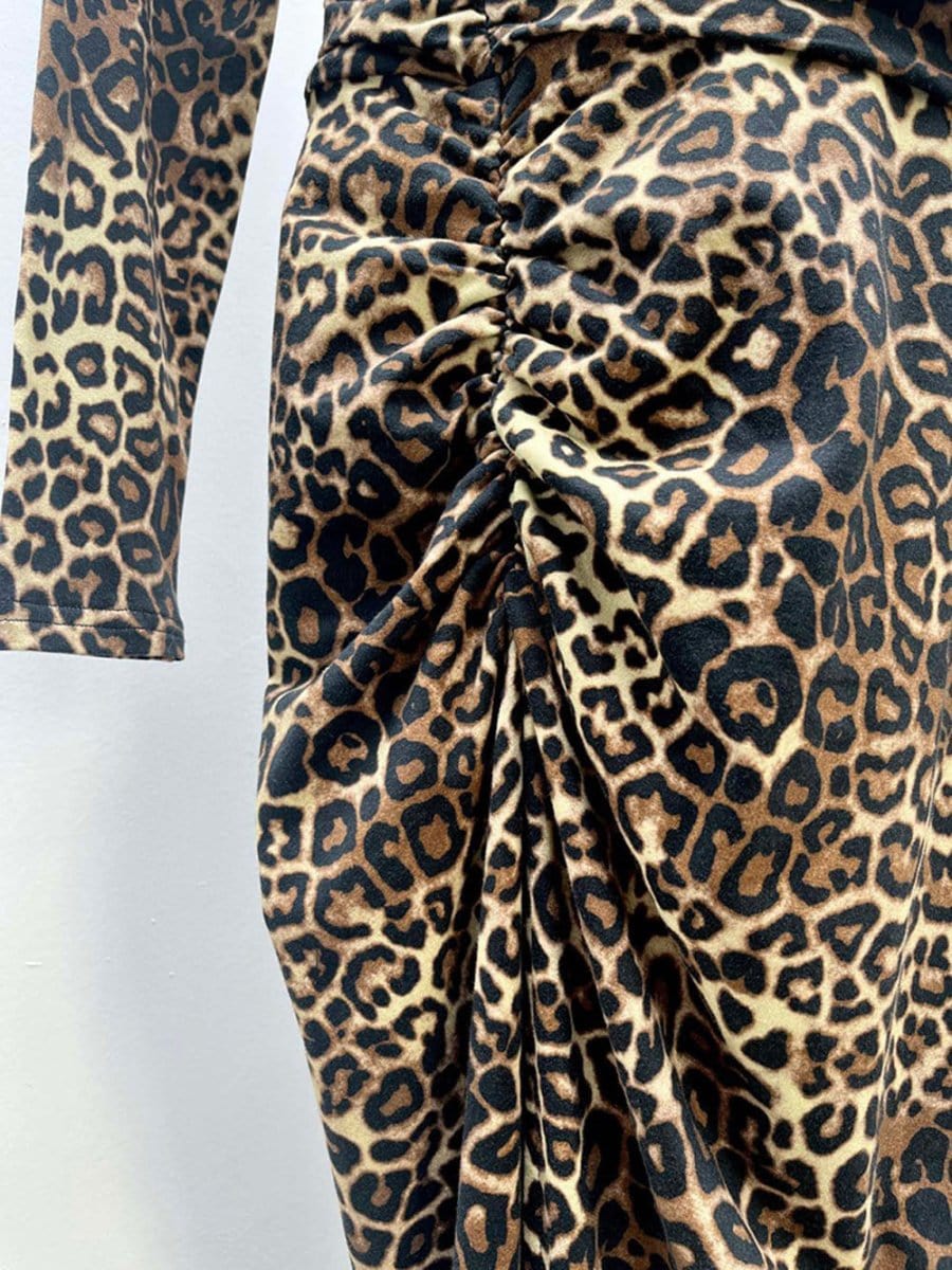 Leopard Print Deep V-Neck Long Sleeve Ruched Wrap Bodycon Maxi Dress 7