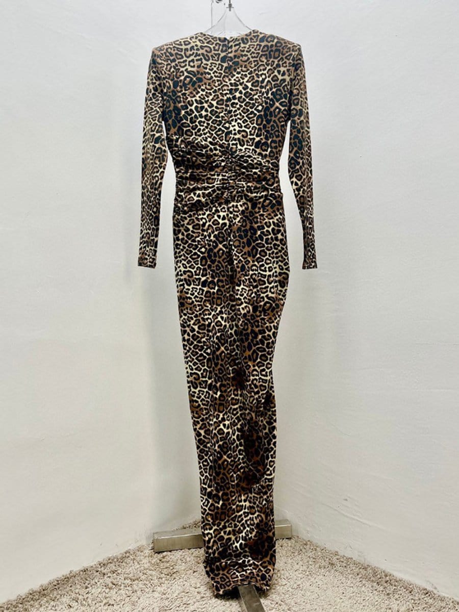 Leopard Print Deep V-Neck Long Sleeve Ruched Wrap Bodycon Maxi Dress 2