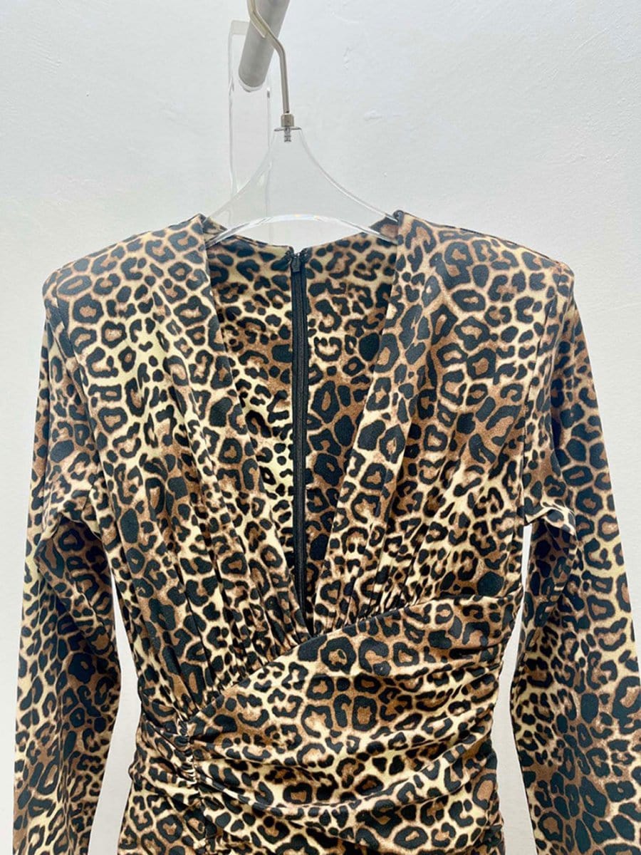 Leopard Print Deep V-Neck Long Sleeve Ruched Wrap Bodycon Maxi Dress 4