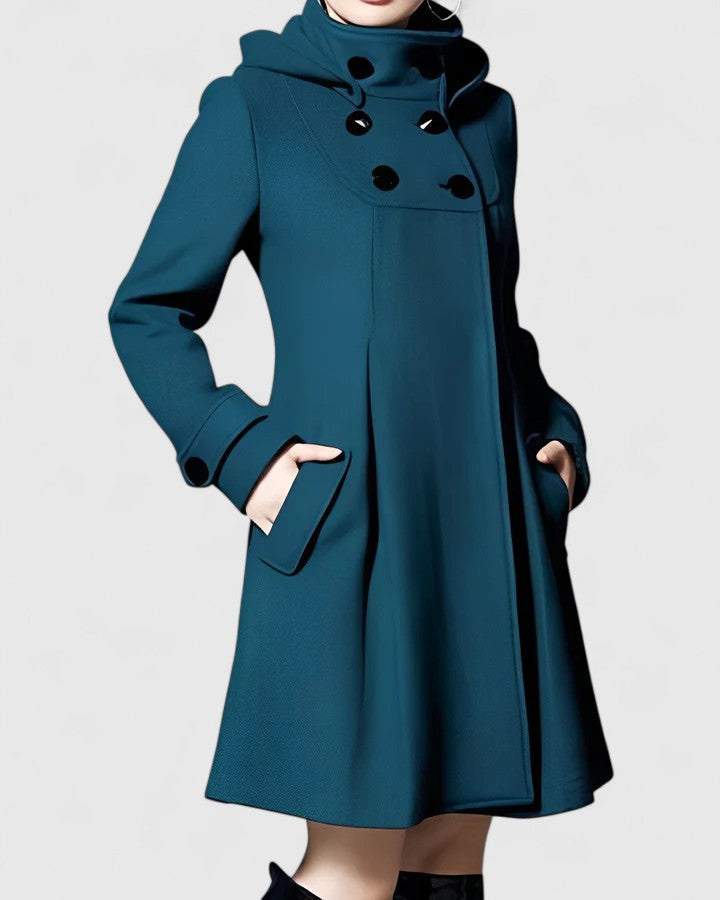 Hooded Double-Breasted Button Wool Pocket Swing Coat