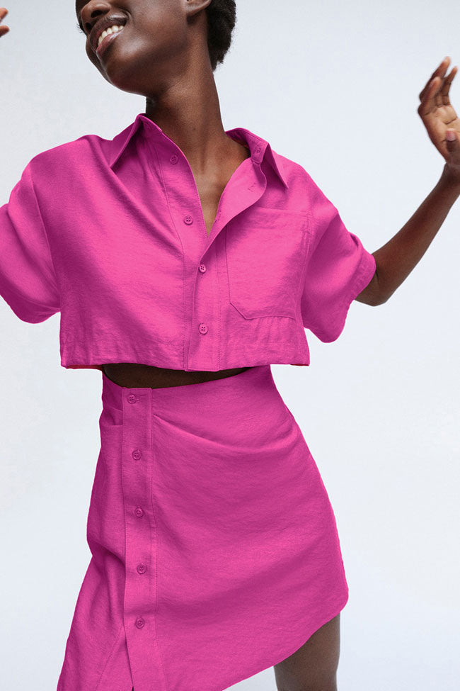 Pink Collared Short Sleeve Cropped Shirt Button Front Mini Skirt Set