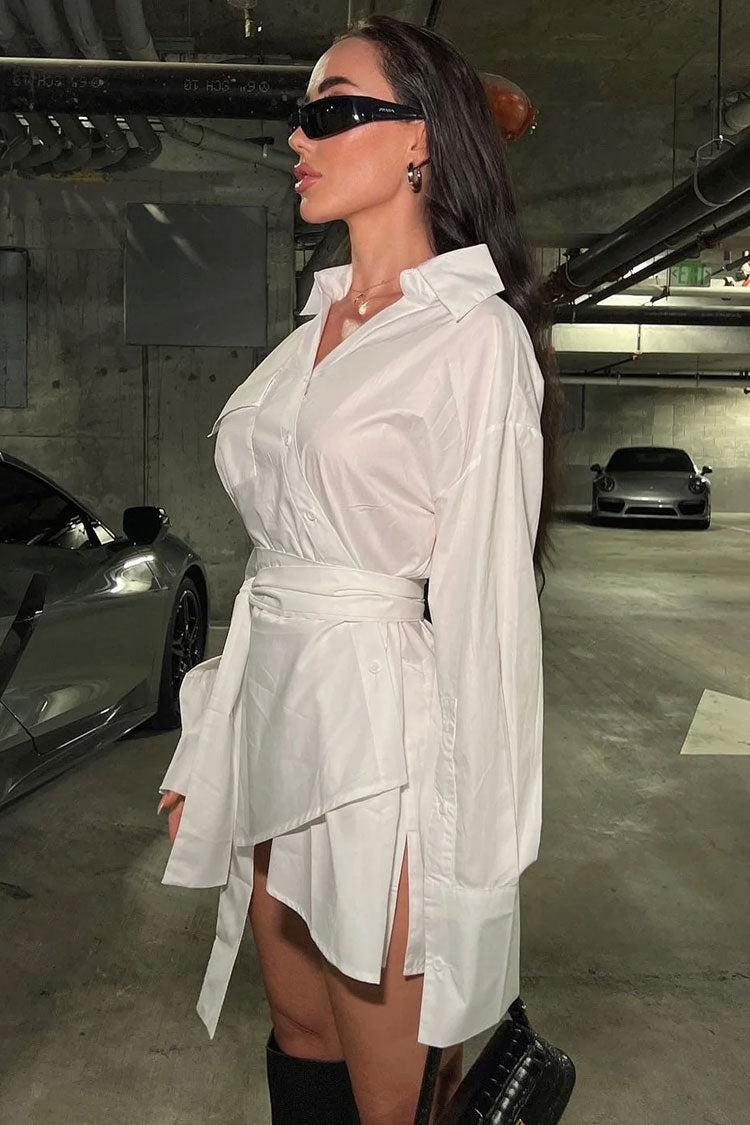 White Collared Long Sleeve Button Up Belted Asymmetric Shirt Mini Dress