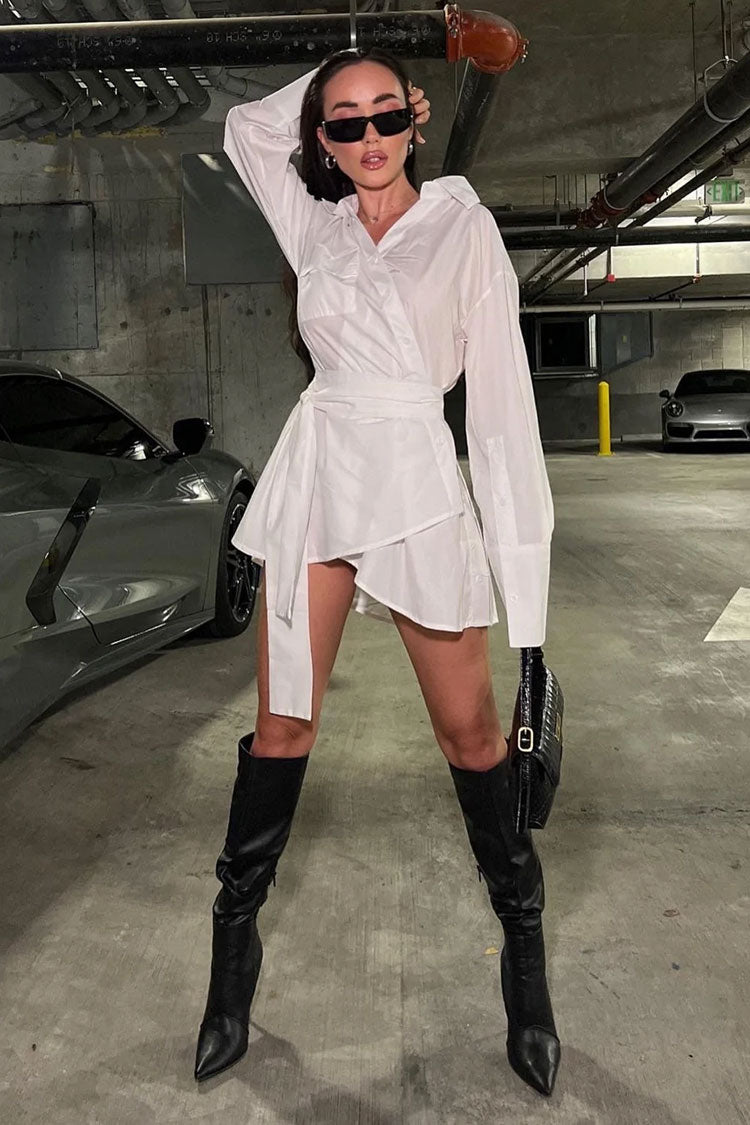 White Collared Long Sleeve Button Up Belted Asymmetric Shirt Mini Dress