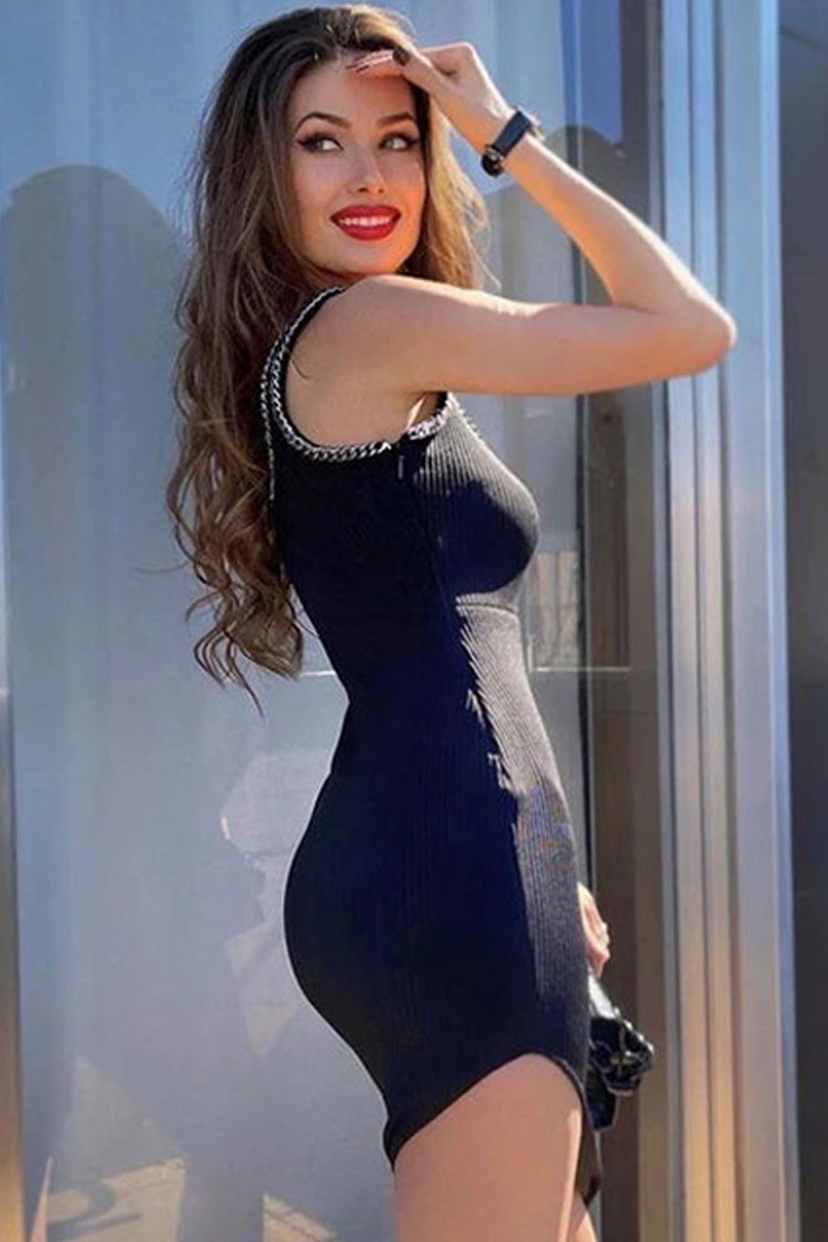 Black Square Neck Chain Strap Ribbed Knit Bodycon Mini Dress