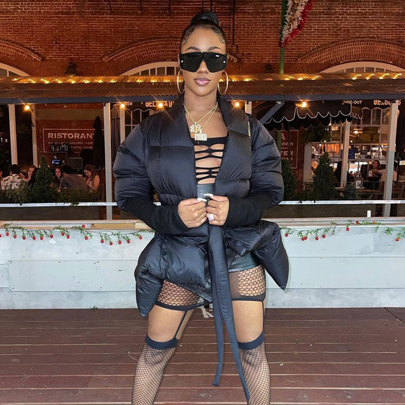 Black Shawl Collar Deep V Belted Bishop Sleeve Puffer Jacket