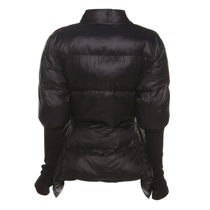 Black Shawl Collar Deep V Belted Bishop Sleeve Puffer Jacket