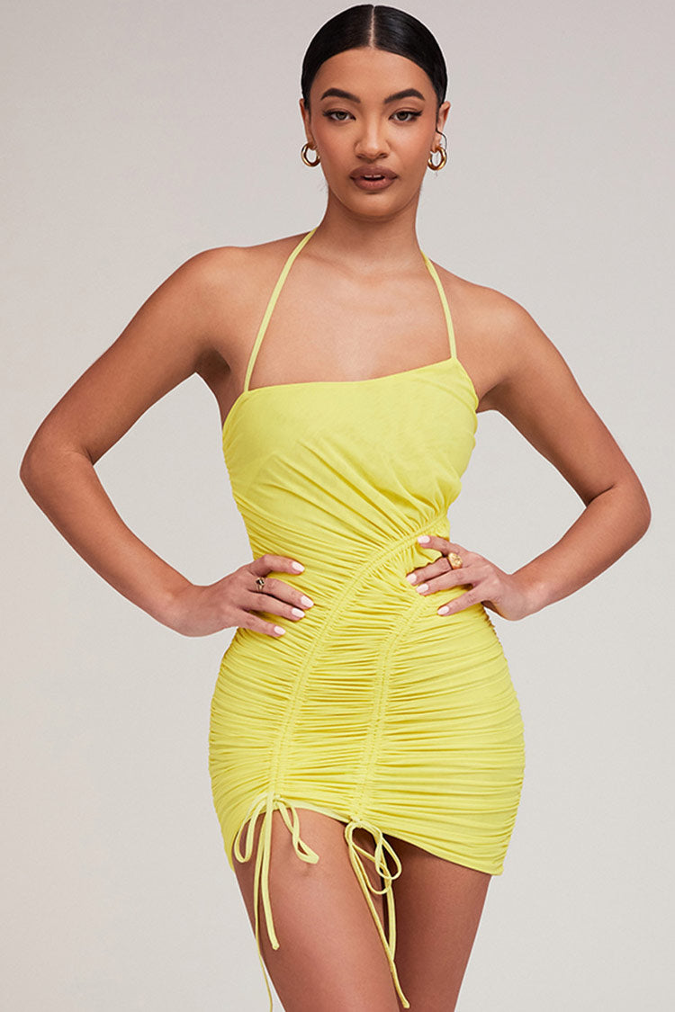 Yellow Halter Strap Drawstring Ruched Mesh Asymmetric Bodycon Mini Dress