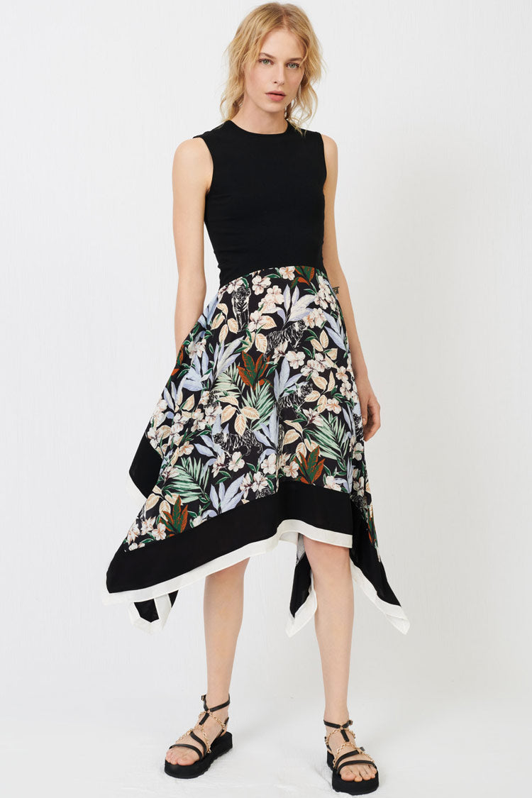 Black Crew Neck Floral Print Sleeveless Handkerchief Hem Midi Dress