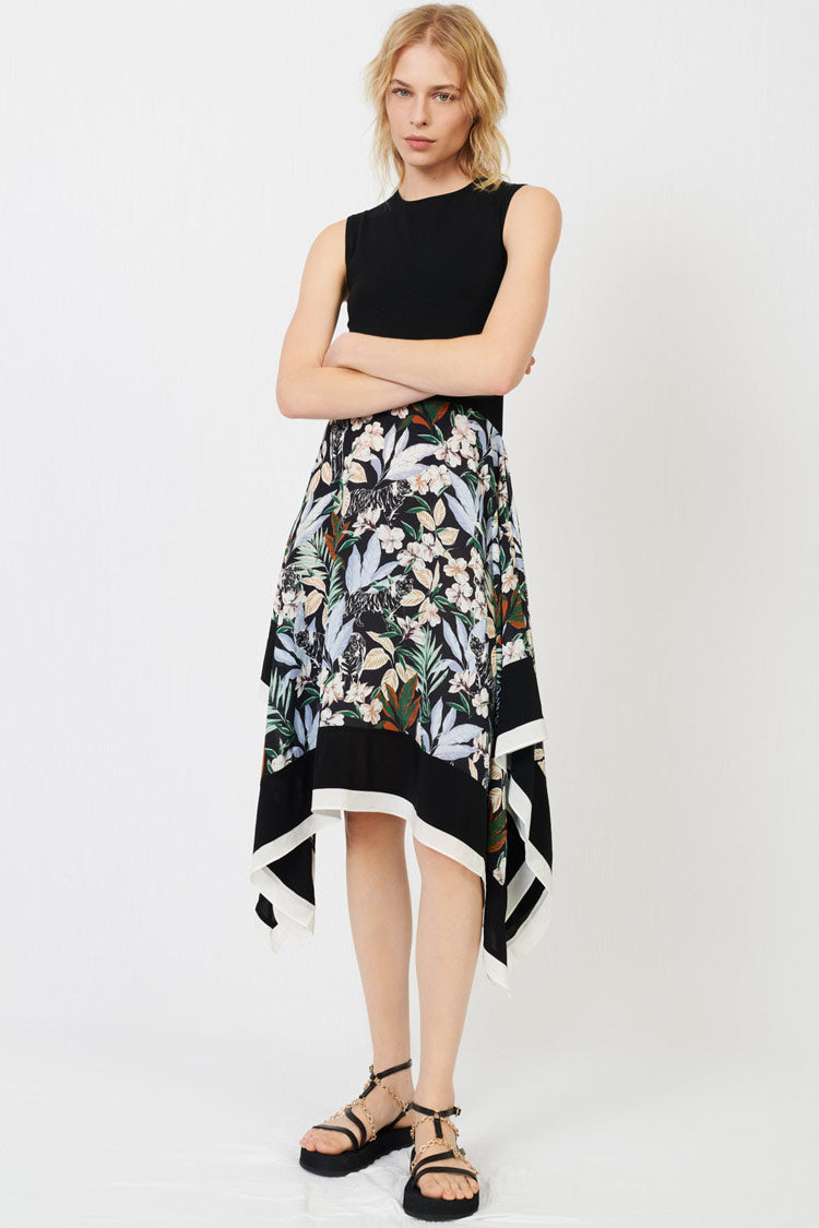 Black Crew Neck Floral Print Sleeveless Handkerchief Hem Midi Dress