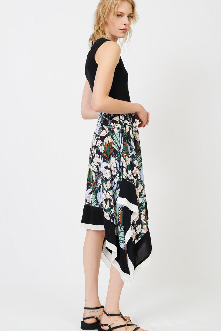 Black Crew Neck Floral Print Sleeveless Handkerchief Hem Midi Dress