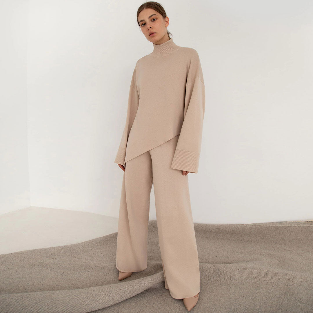Apricot High Neck Asymmetric Hem Knit Sweater Wide Leg Pants Set