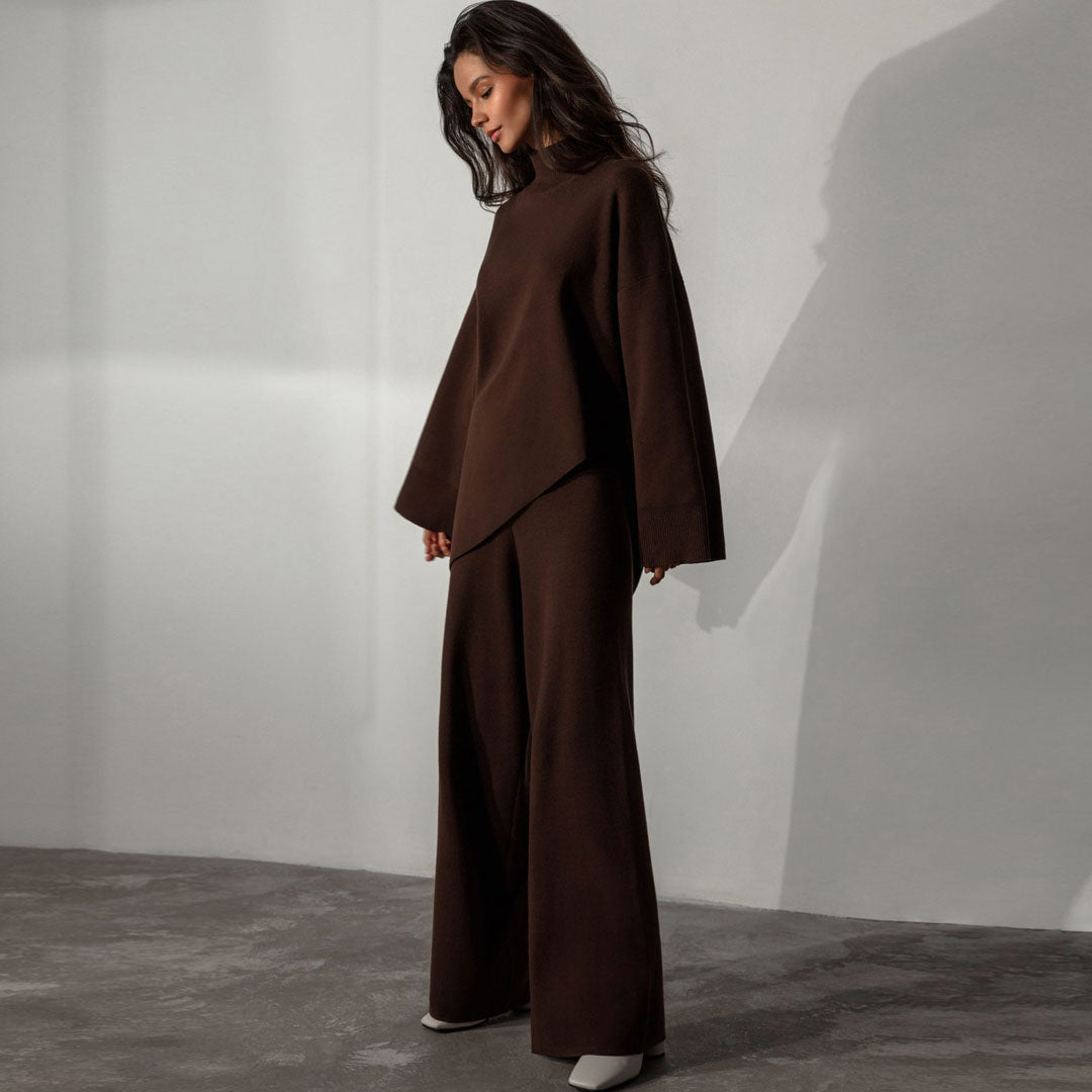 Chestnut High Neck Asymmetric Hem Knit Sweater Wide Leg Pants Set