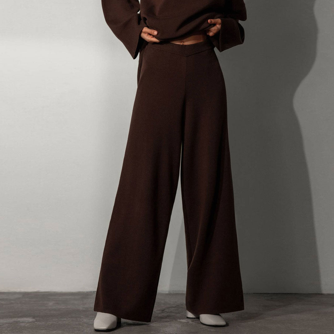 Chestnut High Neck Asymmetric Hem Knit Sweater Wide Leg Pants Set