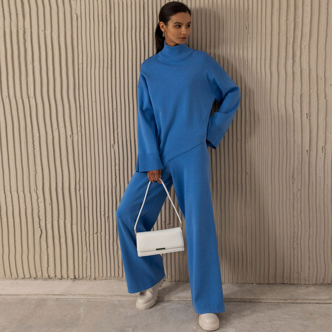 Royal Blue High Neck Asymmetric Hem Knit Sweater Wide Leg Pants Set