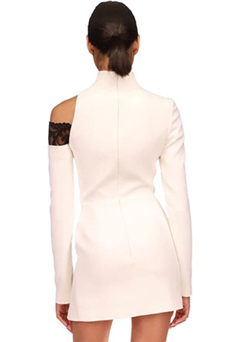 White High Neck Lace Trim Cutout Long Sleeve Asymmetric Bodycon Mini Dress