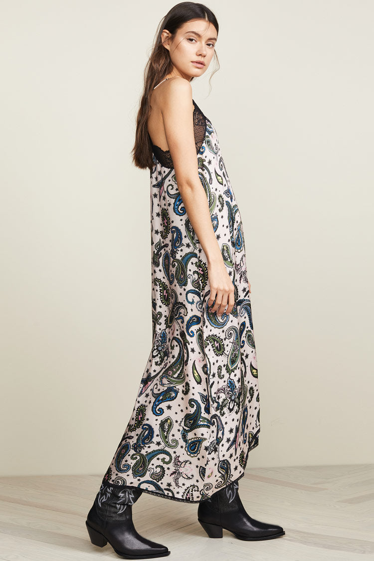 Black V-Neck Lace Trim Spaghetti Strap Paisley Satin Slip Maxi Dress