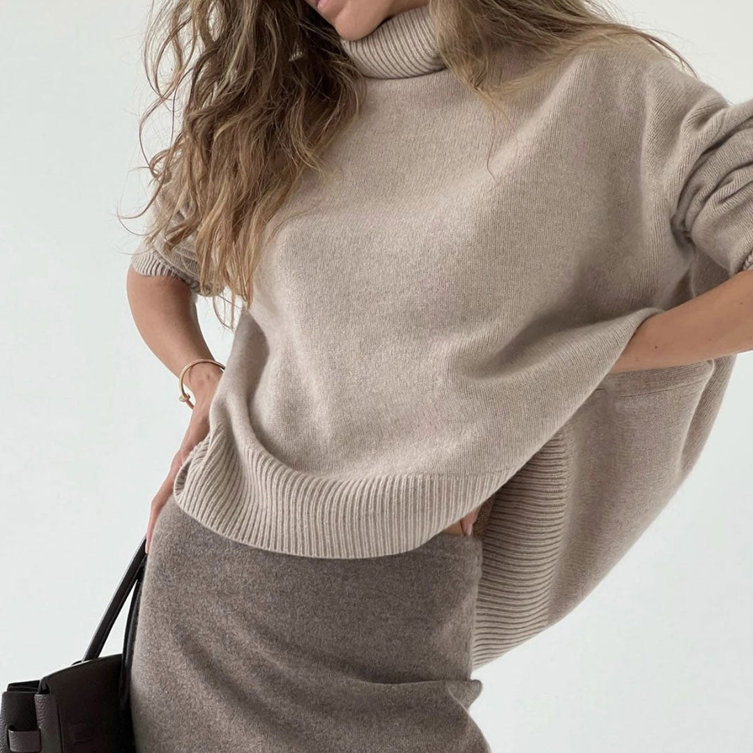 Camel Rib Trim Turtleneck Long Sleeve Oversized Pullover Sweater