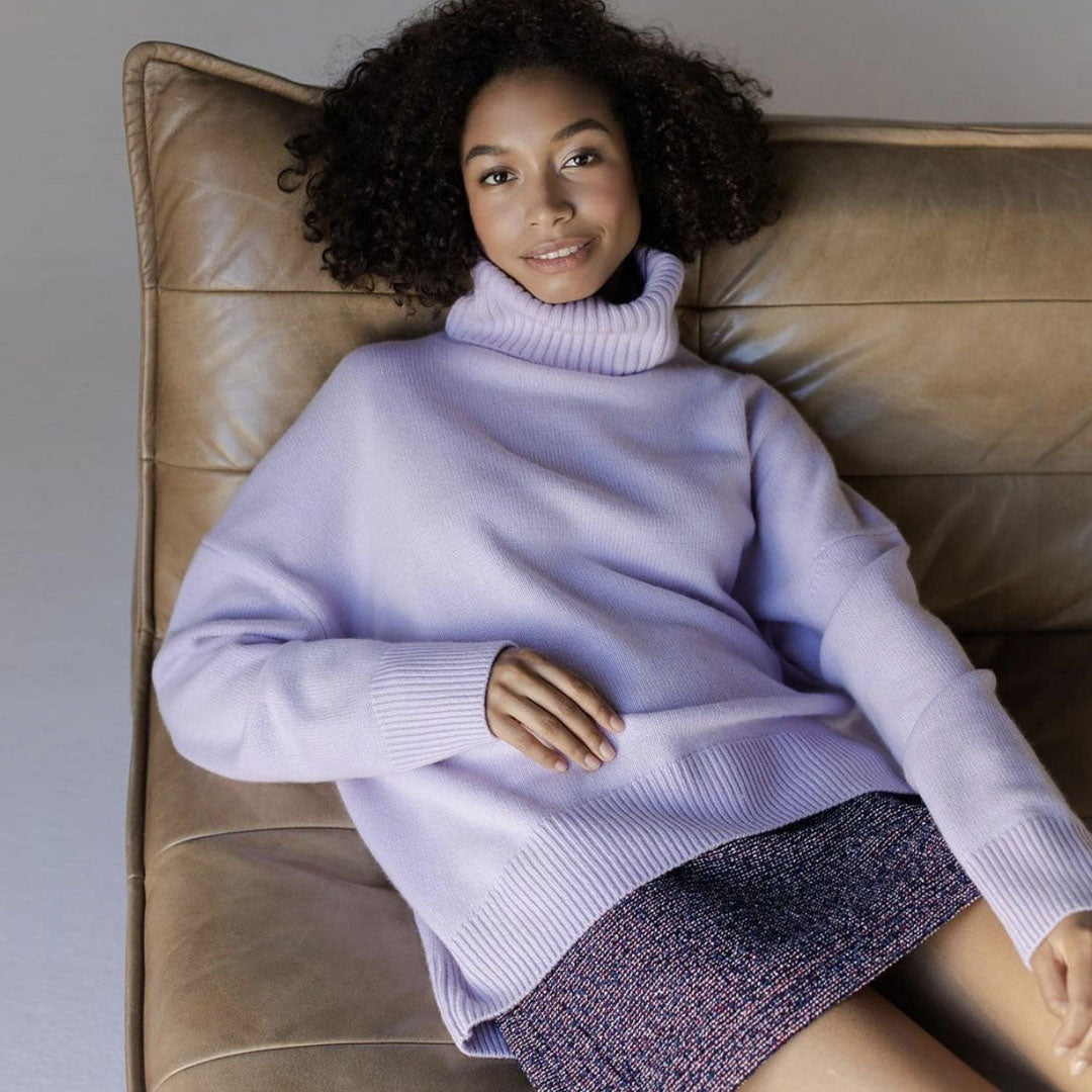 Lilac Rib Trim Turtleneck Long Sleeve Oversized Pullover Sweater