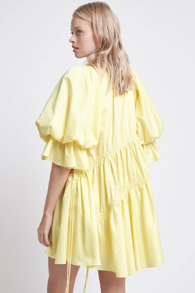 Yellow Asymmetric Neck Puff Sleeve Ruffle Drawstring Babydoll Mini Dress