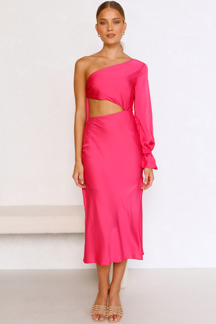 Rose Asymmetric One Shoulder Satin Cutout Long Sleeve Midi Dress