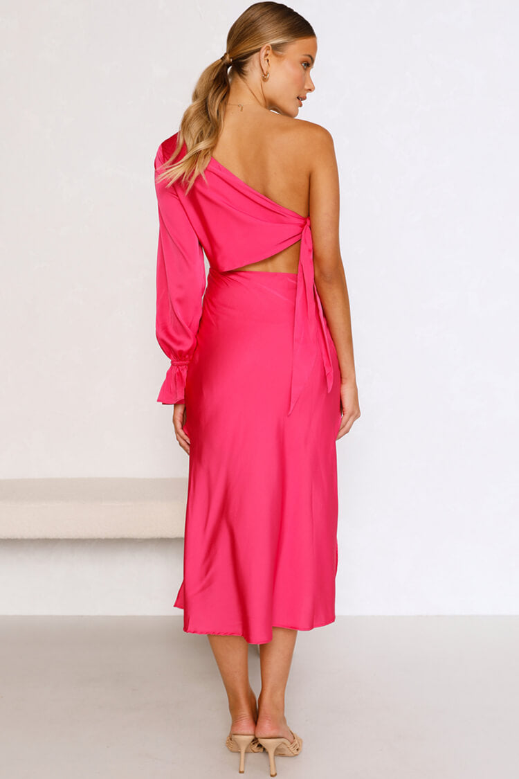 Rose Asymmetric One Shoulder Satin Cutout Long Sleeve Midi Dress