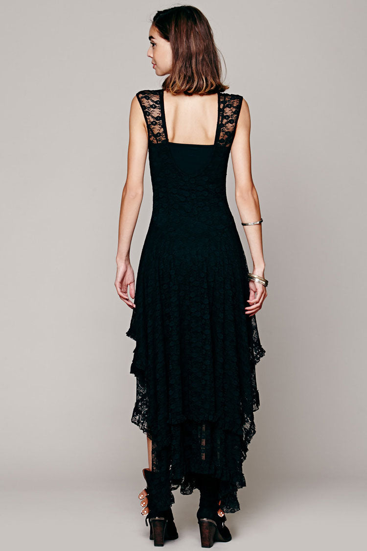 Black Scoop Neck Lace Illusion Cap Sleeve Tiered Ruffle A-Line Maxi Dress 2