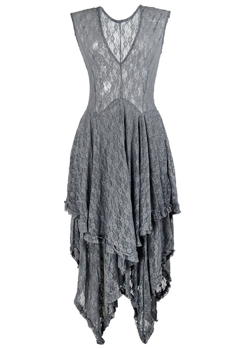 Gray Round Neck Cap Sleeve Lace Tiered Ruffle Handkerchief Maxi Dress