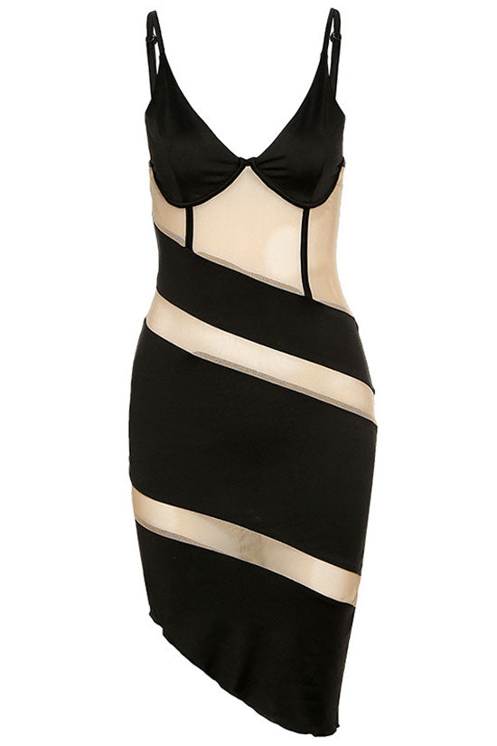 Black Asymmetric V-Neck Mesh Panel Sheer Bodycon Midi Dress