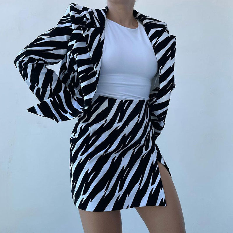 Black Zebra Print Collared Blazer Split Mini Skirt Set