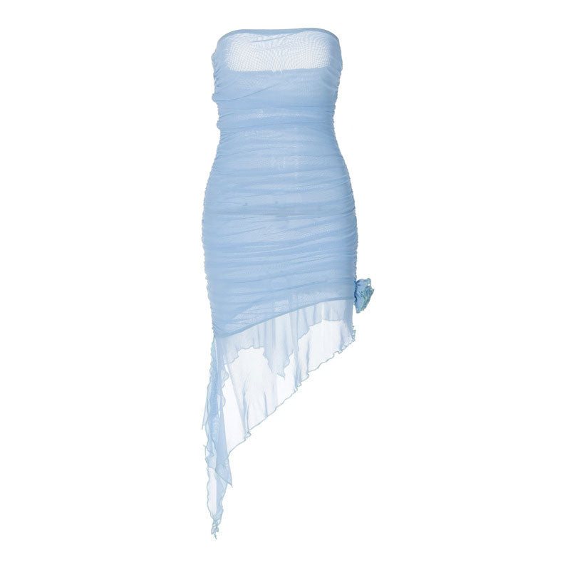 White Strapless Ruched Floral Applique Asymmetric Hem Bodycon Mini Dress