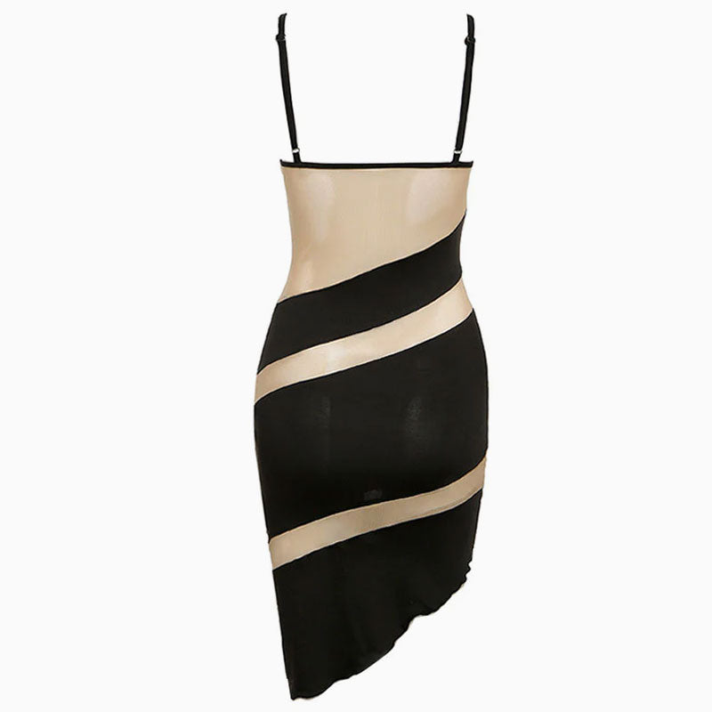 Black Spaghetti Strap Bustier Mesh Panel Sheer Asymmetric Bodycon Midi Dress