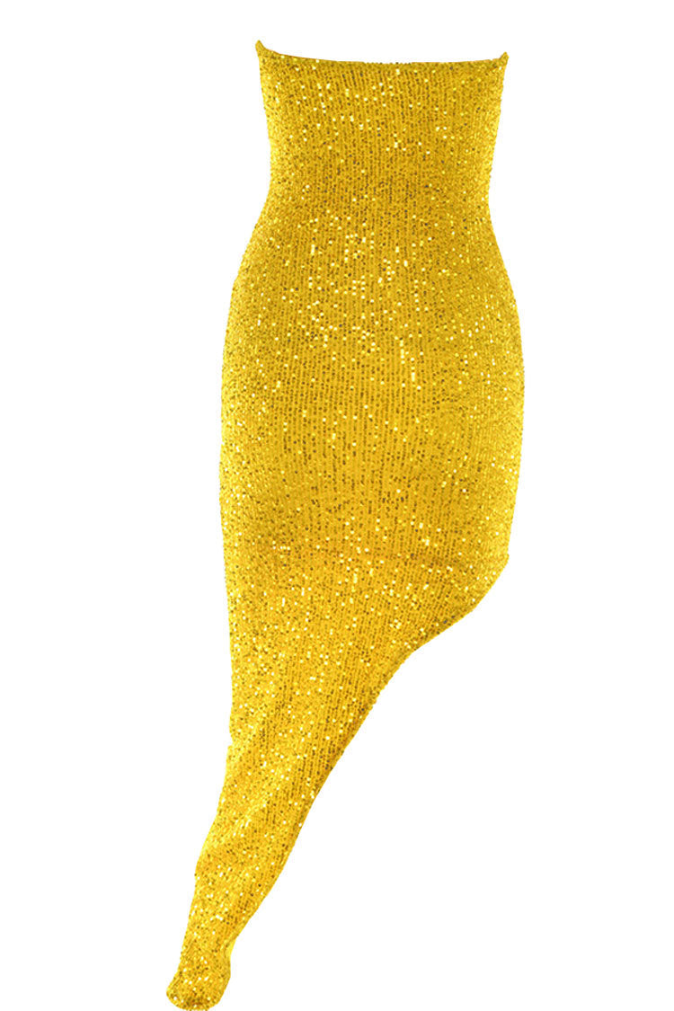 Yellow Strapless Bustier Sequin Cutout Bodycon Midi Dress
